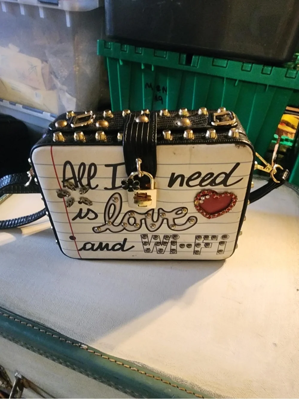 All I Need Is Love and Wi-Fi Studded Crossbody Bag - Black/White